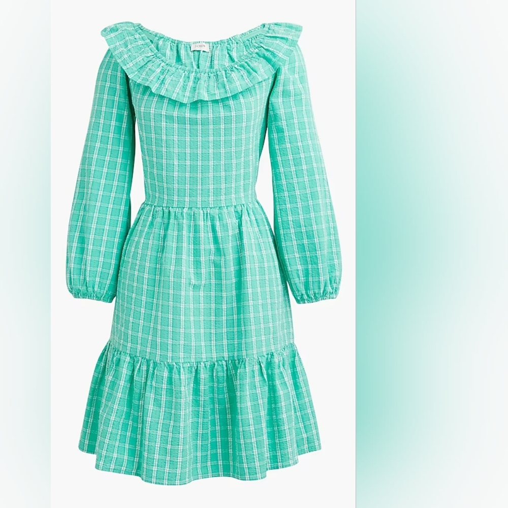 Seersucker ruffleneck mini fit flare aqua plaid dress 8 10 NWT